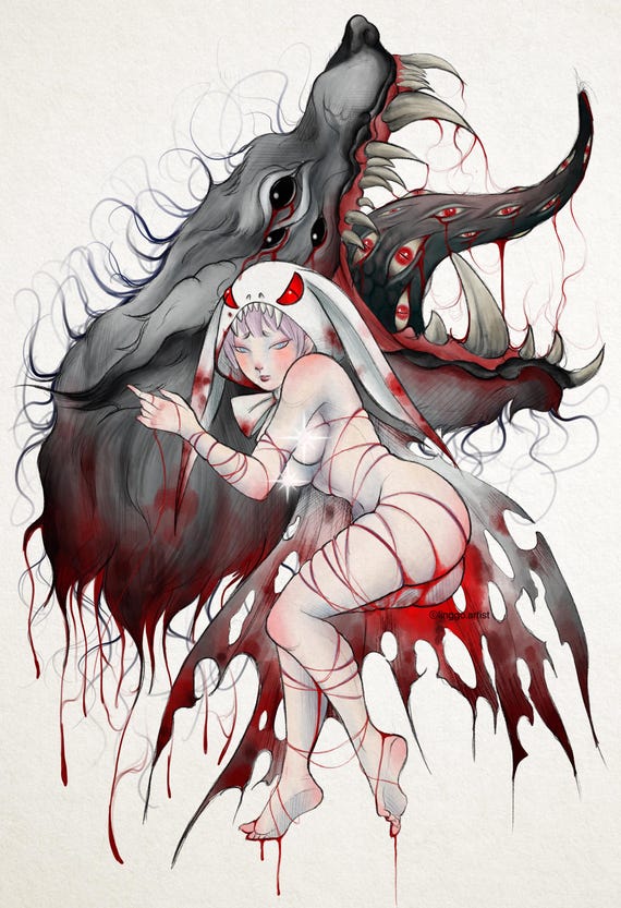 Dark Fairy tale--Little RED Riding Hood, Scary Wolf illustration, clear sticker, dark art, gothic art, witchy, sprite Fairycore Moody wall