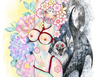 Puede incluir: Ilustración digital de una figura adornada con elementos florales y cuerda roja, sobre un fondo de luna y un murciélago con ala de bosque. La cara de la figura está parcialmente oculta por flores, con una paleta de colores suaves.