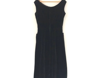 vintage 1950s black velvet party dress - sleeveless black velvet dress - small/medium 28" waist