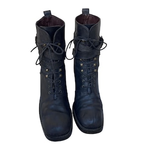 vintage designer strappy black leather lace-up boots