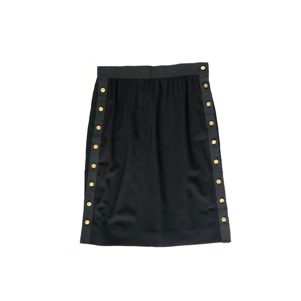 vintage chanel black straight skirt with gold button-up sides and ribbon trim - size 40/28" waist