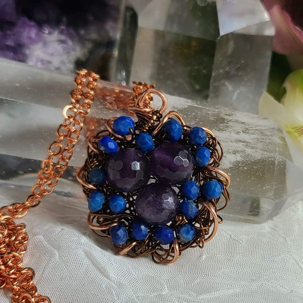 Wire Bird's Nest Necklace with Amethyst and Lapis