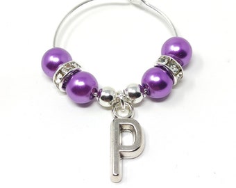 Purple Pearl & Rhinestone  Letter Gin Wine Glass Charms