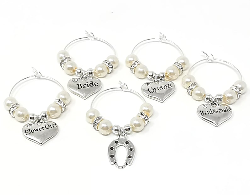 Personalised Ivory Pearl Wedding Guest Wine Glass Charms Favours Table Decorations image 1