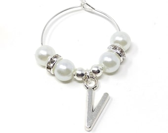 White Pearl & Rhinestone  Letter Gin Wine Glass Charms