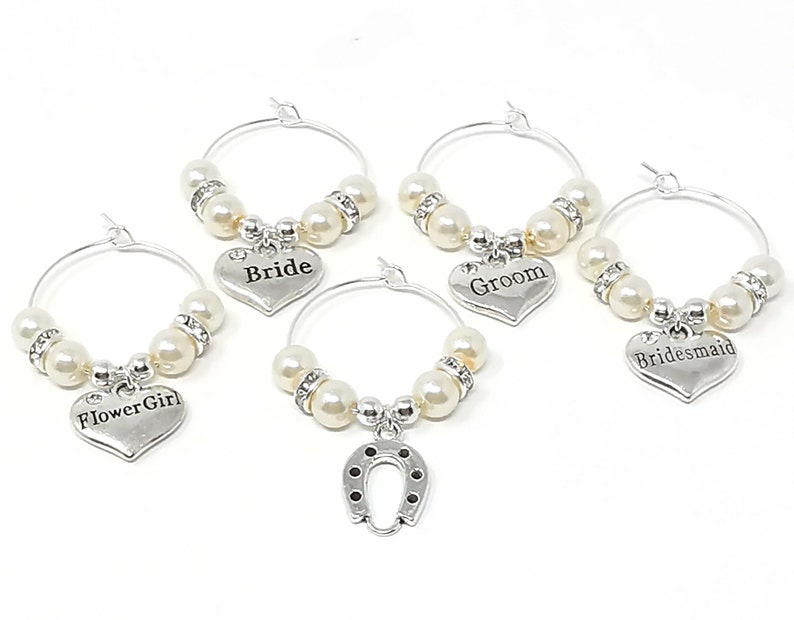 Personalised Ivory Pearl Wedding Guest Wine Glass Charms Favours Table Decorations image 3