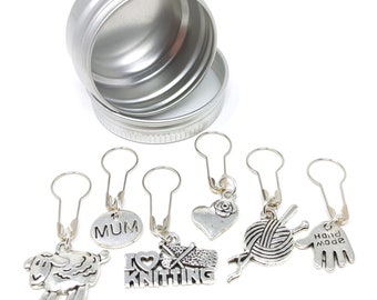 6 x Stitch Markers Metal Pins For Knitting Crochet Work With Small Storage Tin - Mum - I Love Knitting