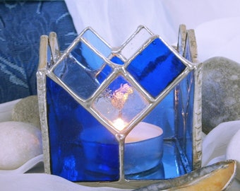 Blue stained glass - 3rd anniversary gift - candle-holder for wife - romantic glass gift - seaside memory gift