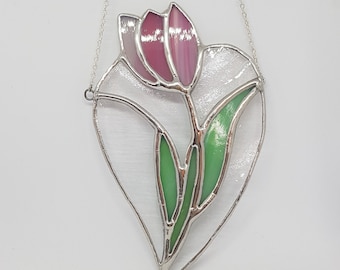 Stained Glass Tulip Suncatcher - Spring flower décor - Easter Gift - Gift for Mother's Day - Pink flower suncatcher