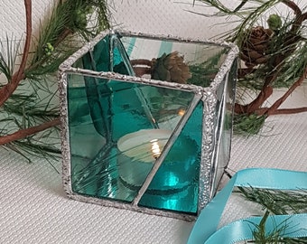 Turquoise stained glass tealight holder - birthday present for sister - stained glass candle holder - 21st birthday gift for her