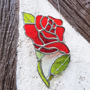 Red rose stained glass suncatcher - flower suncatcher - window hanging - gift for girlfriend - window decor - romantic gift idea
