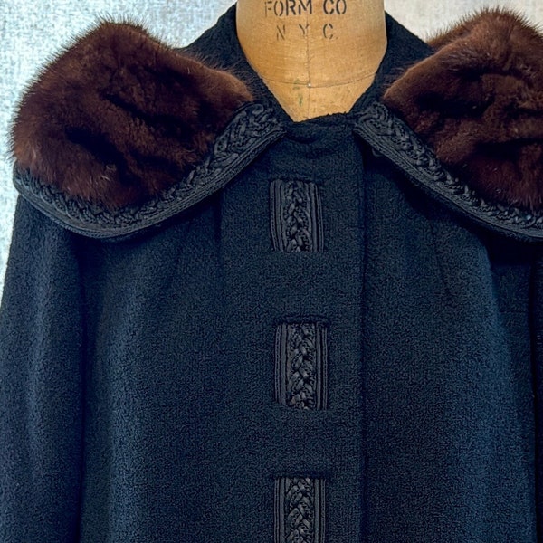 1960s Black Bouclé Coat with a Dramatic Brown Mink Fur Collar