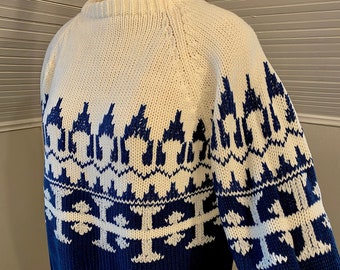 Vintage Corliss Blue & White Acrylic Sweater, Large