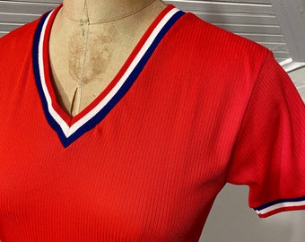 Red Nylon V-neck T-shirt, Vintage Athletic Wear made in Korea