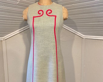 1960-70s Handmade Grey and Pink Sleeveless Dress, Vintage Shift Dress