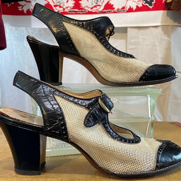 1940s Black Patent Leather & Mesh Mary Jane Heels, 7-1/2 AAA
