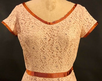 1950s Norman Pink Lace & Rhinestone Dress, Vintage