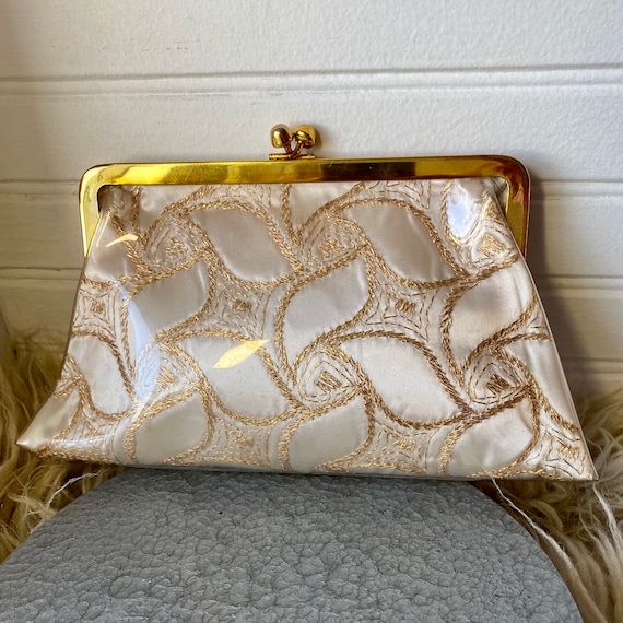 White Satin & Clear Vinyl Clutch Vintage Purse 