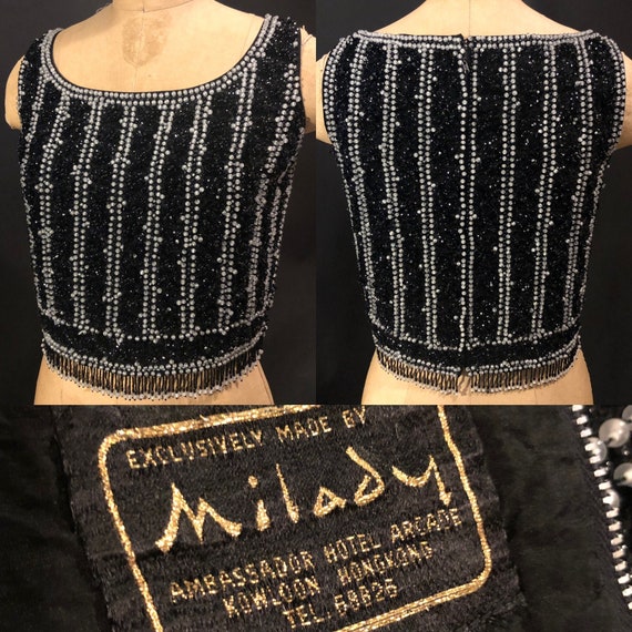 1960s Milady Black & White Beaded Sequin Top, Vin… - image 1