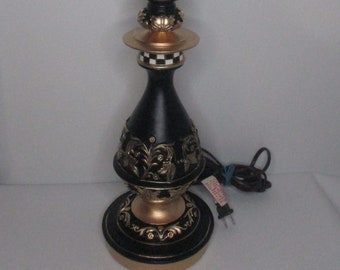 Checkerboard Lamp, Black, Gold, White Lamp, Hand painted Lamp, Black White Checks, Lamp, Baroque Lamp