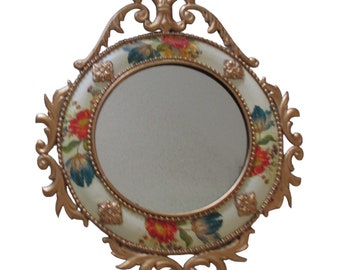 Wall Mirror, Black and White, Gold Mirror, Hand Painted Mirror, Floral Wall Mirror