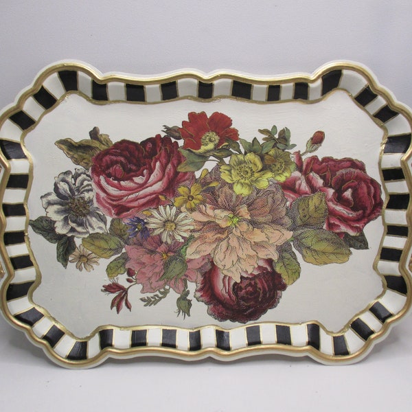 Gilded Gold Tray, Black White Floral Tray, Floral Platter, Decorative Tray, Hand Painted Tray, Home Décor,