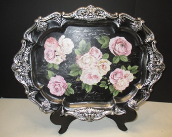 Gilded Silver Pink and Black Tray, Black Floral Tray, Floral Platter, Decorative Tray, Hand Painted Tray, Home Décor, Silver Floral Tray,