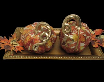 Pair of Pumpkins, Tray and Wooden Leaves, Fall Decor, Decoupaged Pumpkins, Orange Pumpkins and Tray and Wooden Leaves, Autumn Decor