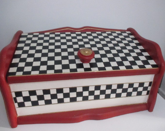Bread Box, Checkerboard Beard Box, Black White Red Bread Box, Checked
