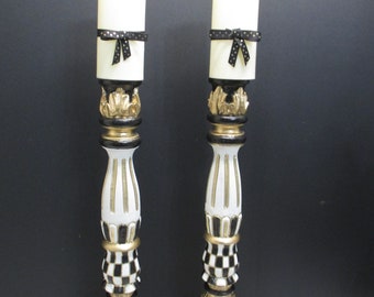 Tall Wooden Black White Gold Candle Holders, Pair of Candlesticks, Hand painted Candlesticks, Home Décor, Elegant Black, White Candlesticks