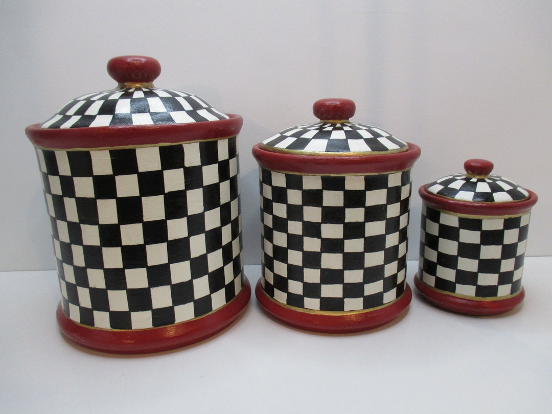 Checkerboard Round Canisters , Black White Red Round Ceramic Canisters