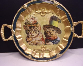 Gilded Gold Tray, Cat Tray, Gilded Cats Platter, Decorative Tray, Hand Painted Tray, Home Décor, Christmas tray, Dressed Up Kitties, Vintage