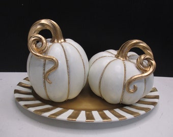 Pair of Pumpkins, Tray, Fall Decor, Rhinestone Pumpkins, Elegant Pumpkins and Tray, Autumn Decor, White and Gold Pumpkins, Bling Pumpkins,