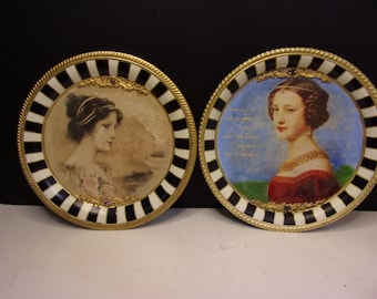 Two Metal Vintage Plates, Black White Trays, Platters, Decorative Trays, Hand Painted Trays, Home Décor, Vintage Women