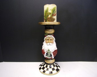 Tall Whimsical Santa Claus Candleholder, Black White Checks , Checkerboard Santa Claus Faux Candle and Holder, Old World Santa