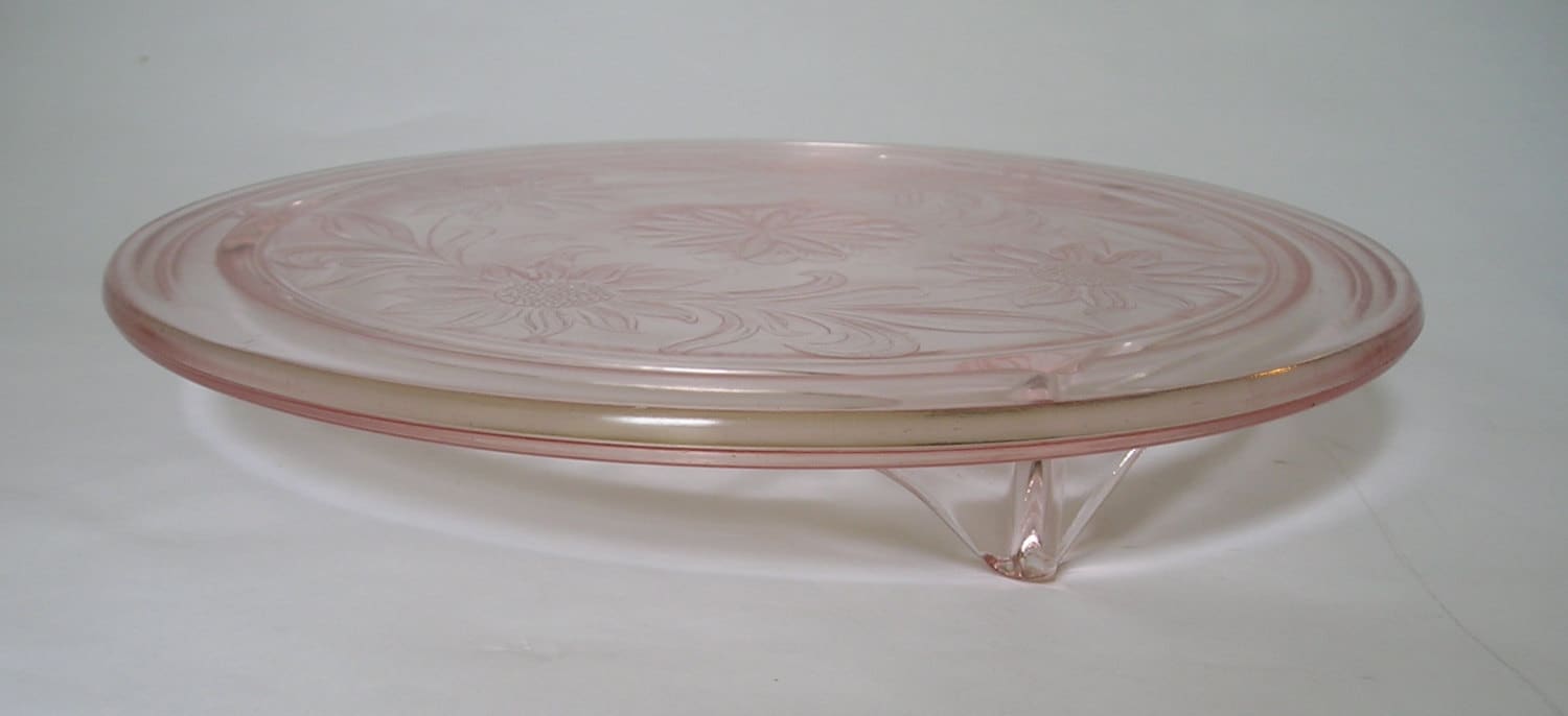 Vintage Pink Depression Glass Cake Plate Daisy Sunflower Etsy