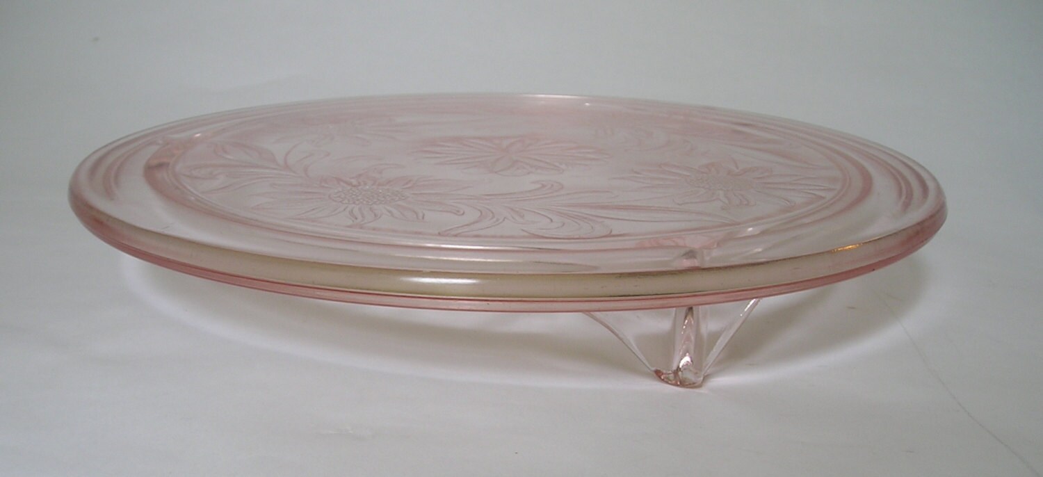 Vintage Pink Depression Glass Cake Plate Daisy / Sunflower Etsy