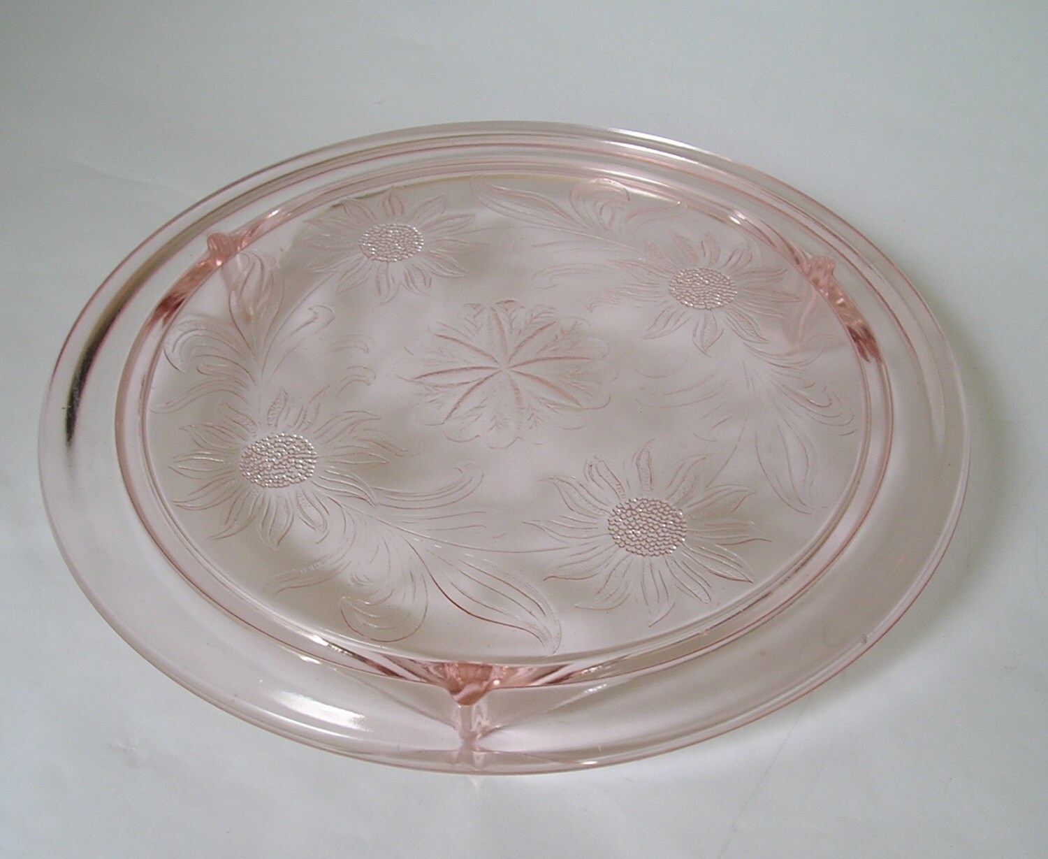Vintage Pink Depression Glass Cake Plate Daisy / Sunflower Etsy