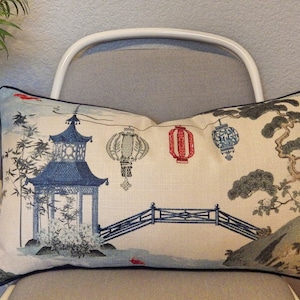 Kirin Pearl Blue and White pagoda print lumbar Pillow Cover