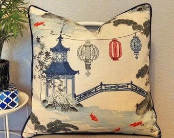 Kirin Pearl Blue and White Pagoda print Pillow Cover