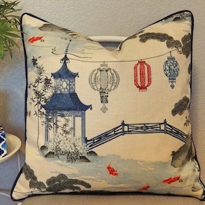 Kirin Pearl Blue and White Pagoda print Pillow Cover