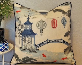 Chinoiserie Pillow Cover- Pagoda Pillow Cover- Chinese Lantern Pillow Cover-  Blue and White Pillow Cover- Kirin Pearl Pillow Cover