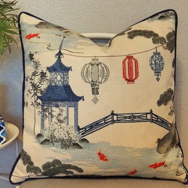 Chinoiserie Pillow Cover- Pagoda Pillow Cover- Chinese Lantern Pillow Cover-  Blue and White Pillow Cover- Kirin Pearl Pillow Cover