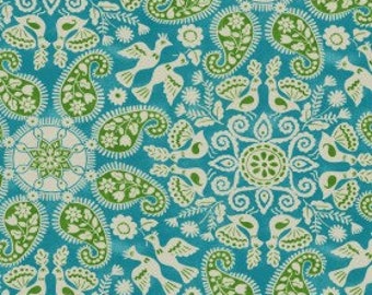 Turquoise and Green Outdoor Fabric- PKL Studio Peruvian Craft Turquoise Outdoor Fabric- Paisley Outdoor Fabric