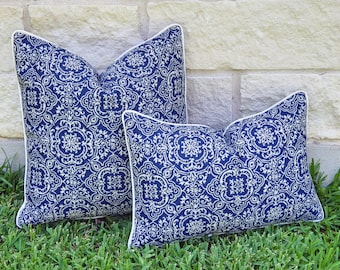 Blue and White Indoor/ Outdoor Pillow Cover - Blue and White Medallion Print Outdoor Pillow Cover --Sunbrella Florence Outdoor Pillow