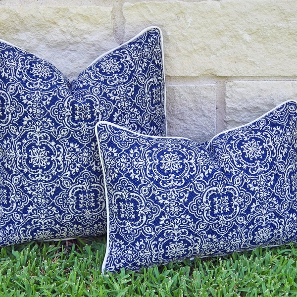 Blue and White Indoor/ Outdoor Pillow Cover - Blue and White Medallion Print Outdoor Pillow Cover --Sunbrella Florence Outdoor Pillow