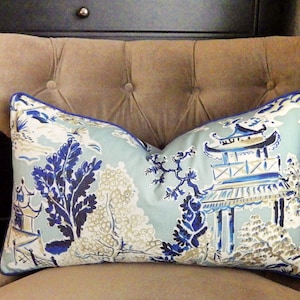 Blue and White Hamilton Ming Rain Toile Lumbar Pillow cover
