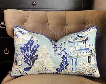 Blue and White Chinoiserie Pillow Cover -- Pagoda Pillow Cover-- Hamilton Ming Toile Pillow-- Asian decor-- Blue pillow