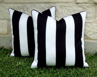 Black and White Stripe Outdoor Pillow Cover - Black and White Pillow Cover-Cabana Stripe Pillow Cover- Black Outdoor pillow