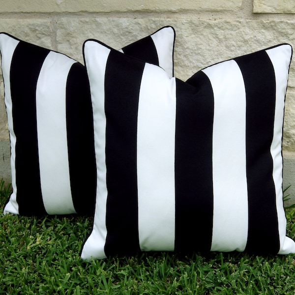 Black and White Stripe Outdoor Pillow Cover - Black and White Pillow Cover-Cabana Stripe Pillow Cover- Black Outdoor pillow